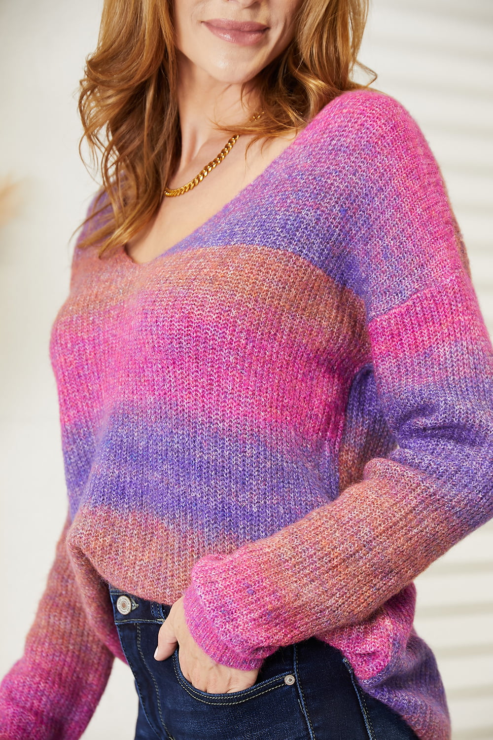 Multicolored Rib-Knit V-Neck Pullover Sweater with Relaxed Fit
