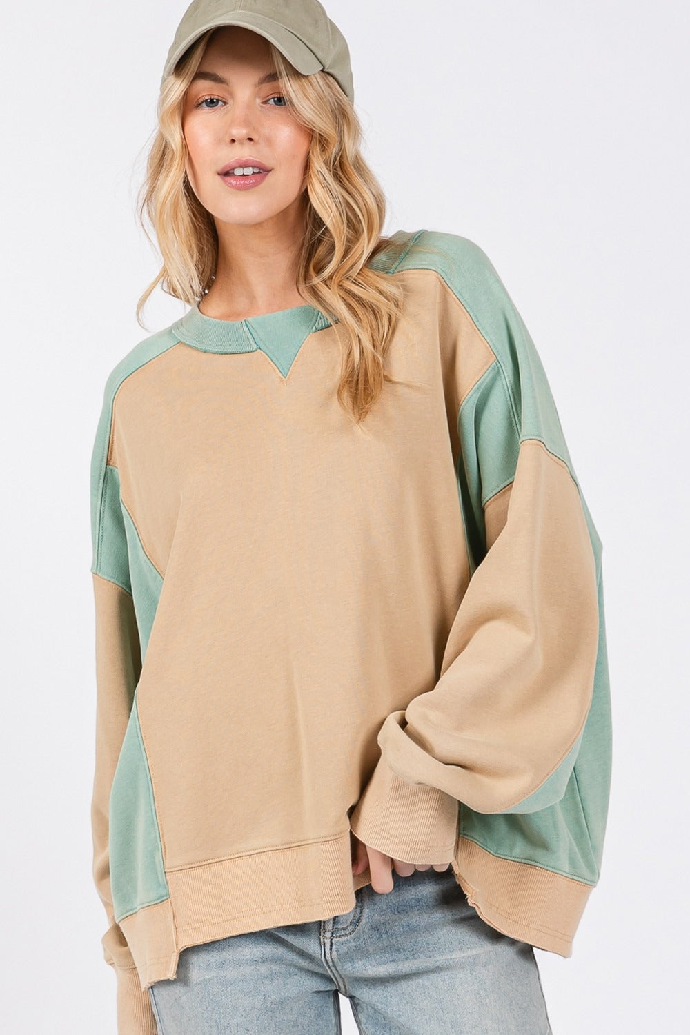 SAGE + FIG Women's Color Block Round Neck Sweatshirt - Relaxed Fit, 100% Cotton