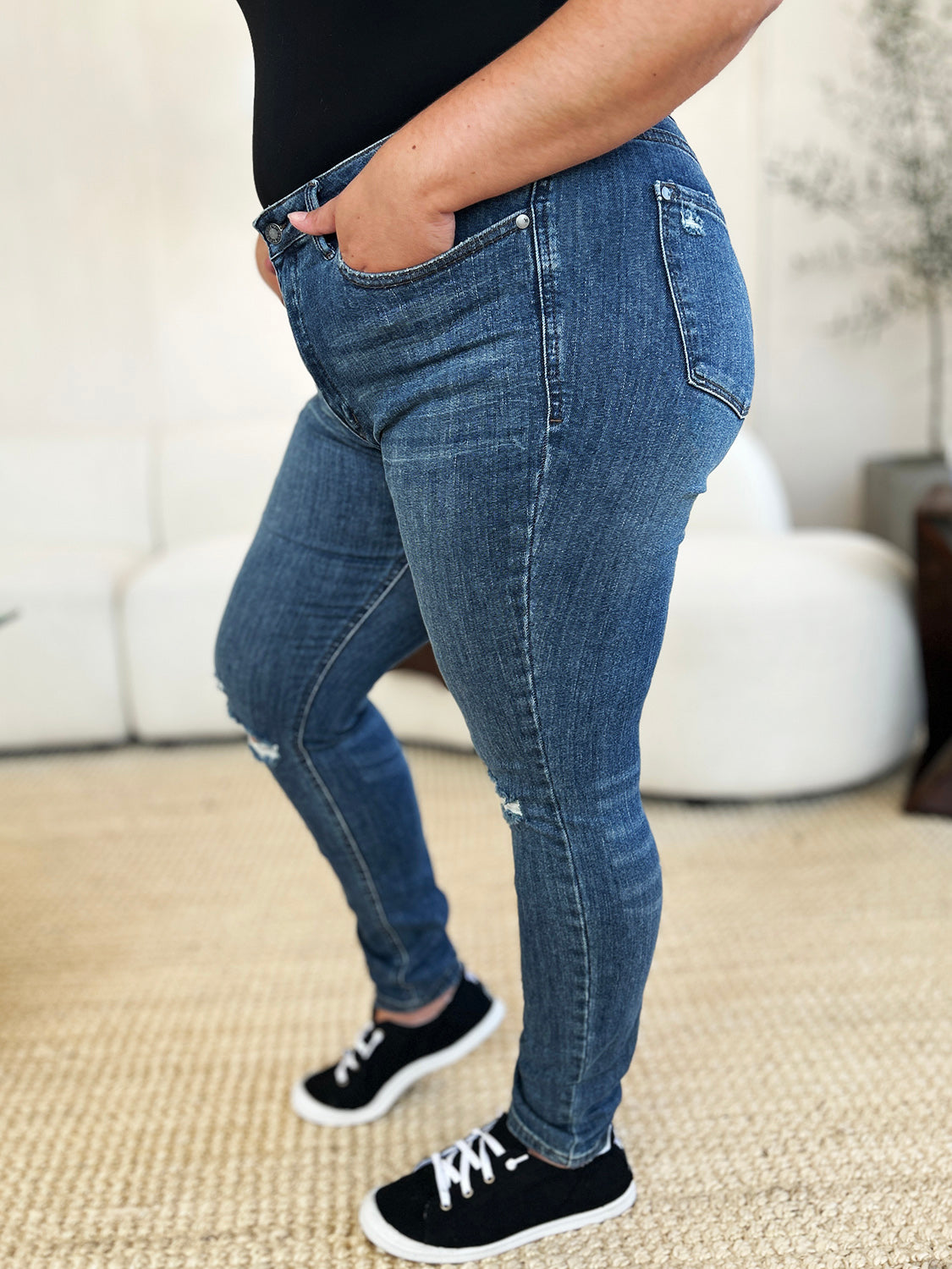 Judy Blue Mid Waist Distressed Slim Jeans - Trendy & Comfortable Denim