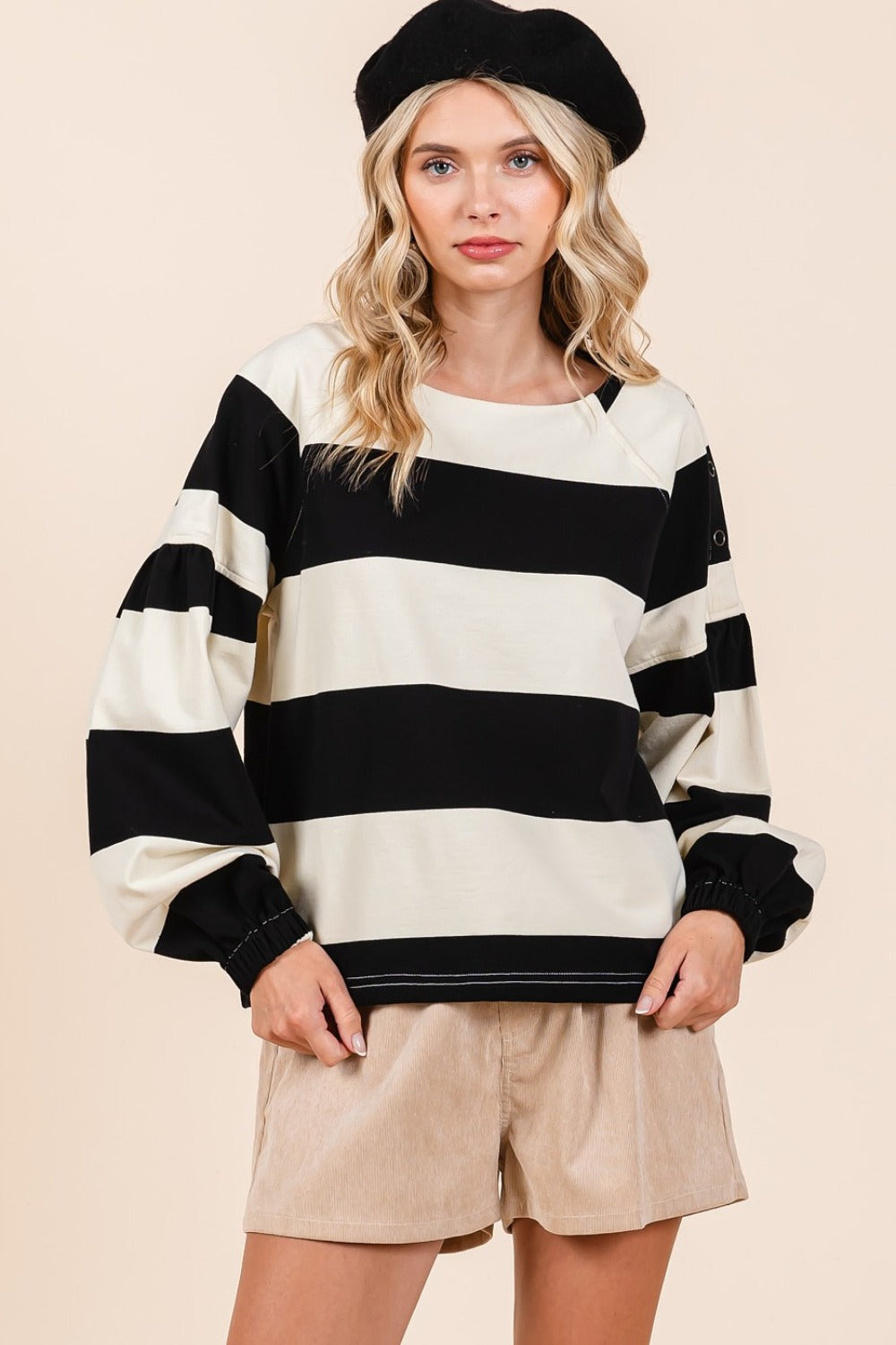 Mittoshop Women's Striped Snap Shoulder Long Sleeve T-Shirt - 100% Cotton