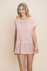 Cotton Bleu Striped Ruffled Short Sleeve Cotton Top - Chic & Feminine Style