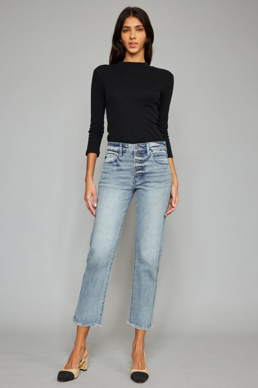 Kancan Women's High Waist Button Fly Jeans - Vintage Raw Hem Cropped Straight