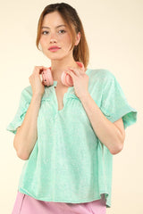 VERY J Notched Short Sleeve Washed T-Shirt - Trendy Knit Top