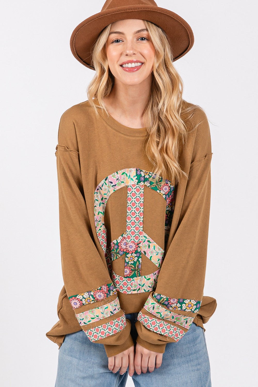 SAGE + FIG Peace Applique Patch Cotton Long Sleeve Top - Comfortable Casual Style