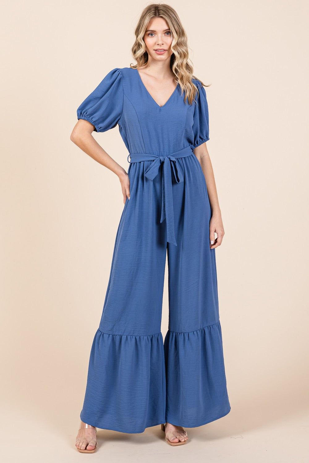 GeeGee Women's V-Neck Belted Wide Leg Jumpsuit - Chic & Versatile Outfit