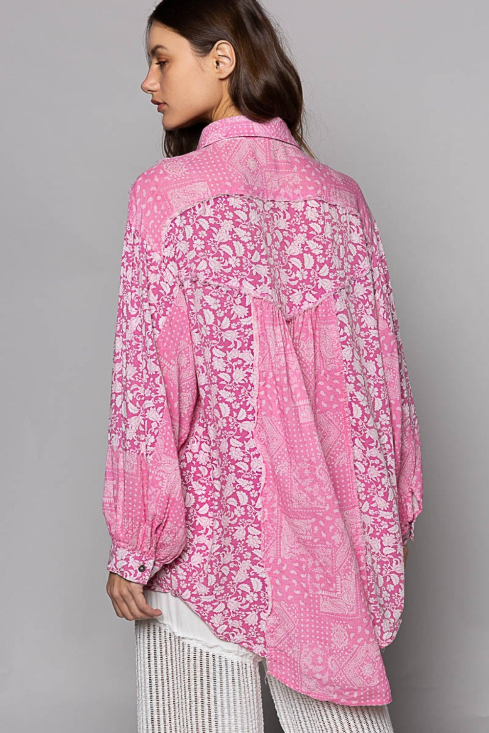 POL Oversized Button Down Long Sleeve Paisley Print Cotton Shirt