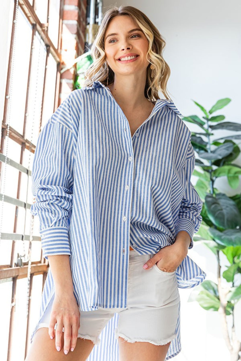 First Love Women's Striped Button Down Shirt with High-Low Hem - 100% Cotton