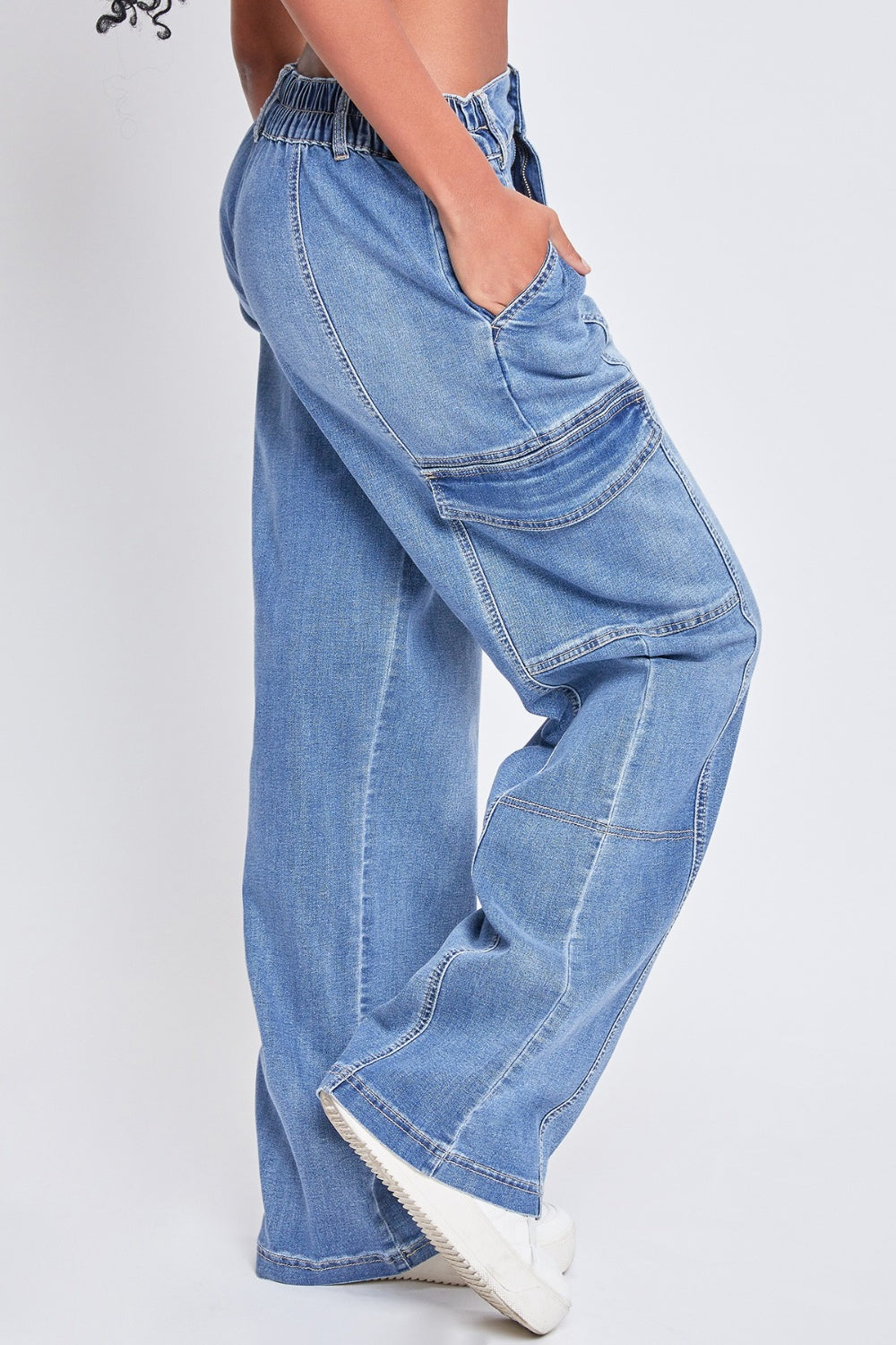 YMI Jeanswear High-Rise Straight Cargo Jeans with Stretch Denim & Elastic Waistband