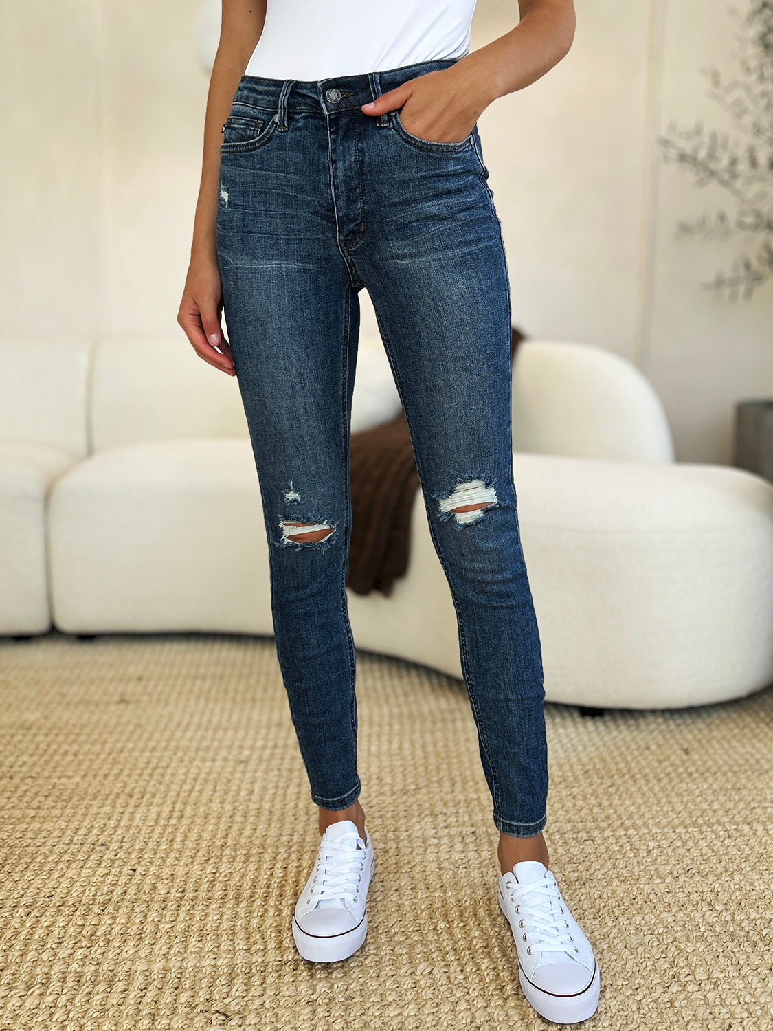 Judy Blue Mid Waist Distressed Slim Jeans - Trendy & Comfortable Denim