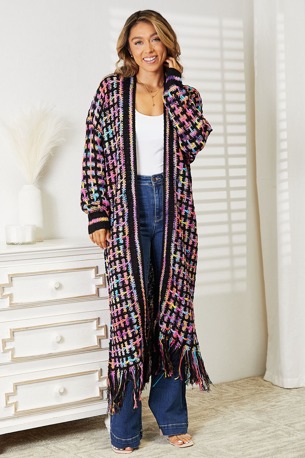 Full Size Colorful Fringe Hem Cardigan - Boho Chic Layering Piece