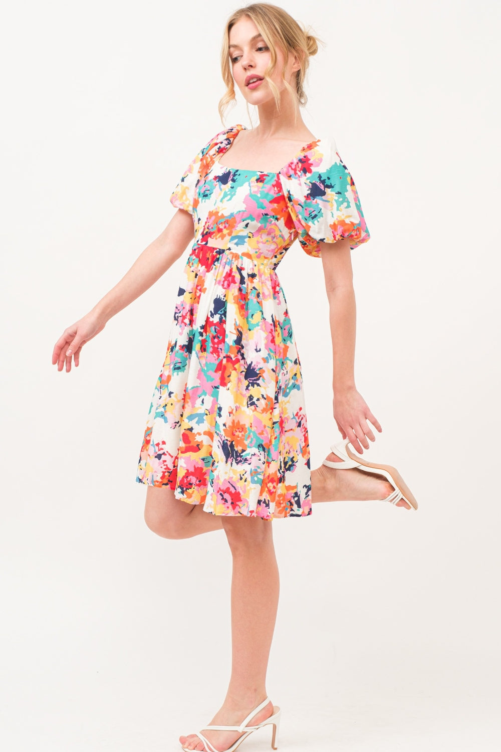 Square Neck Puff Sleeve Floral Dress by And The Why - Elegant Summer Outfit