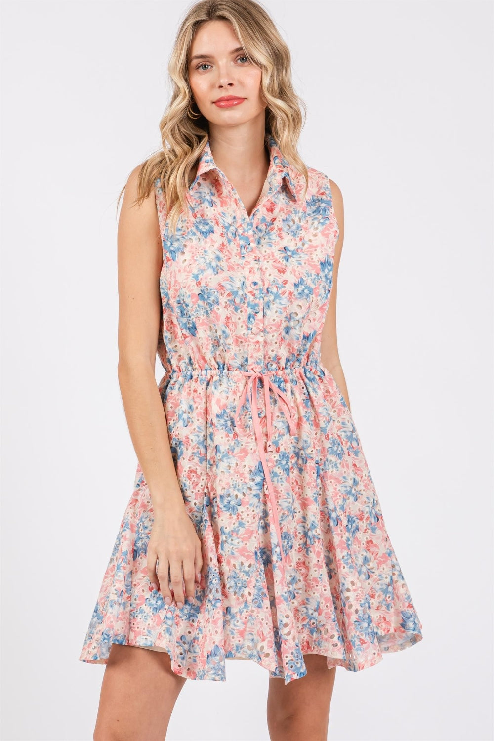 GeeGee Full Size Floral Eyelet Sleeveless Mini Dress - Romantic Summer Style