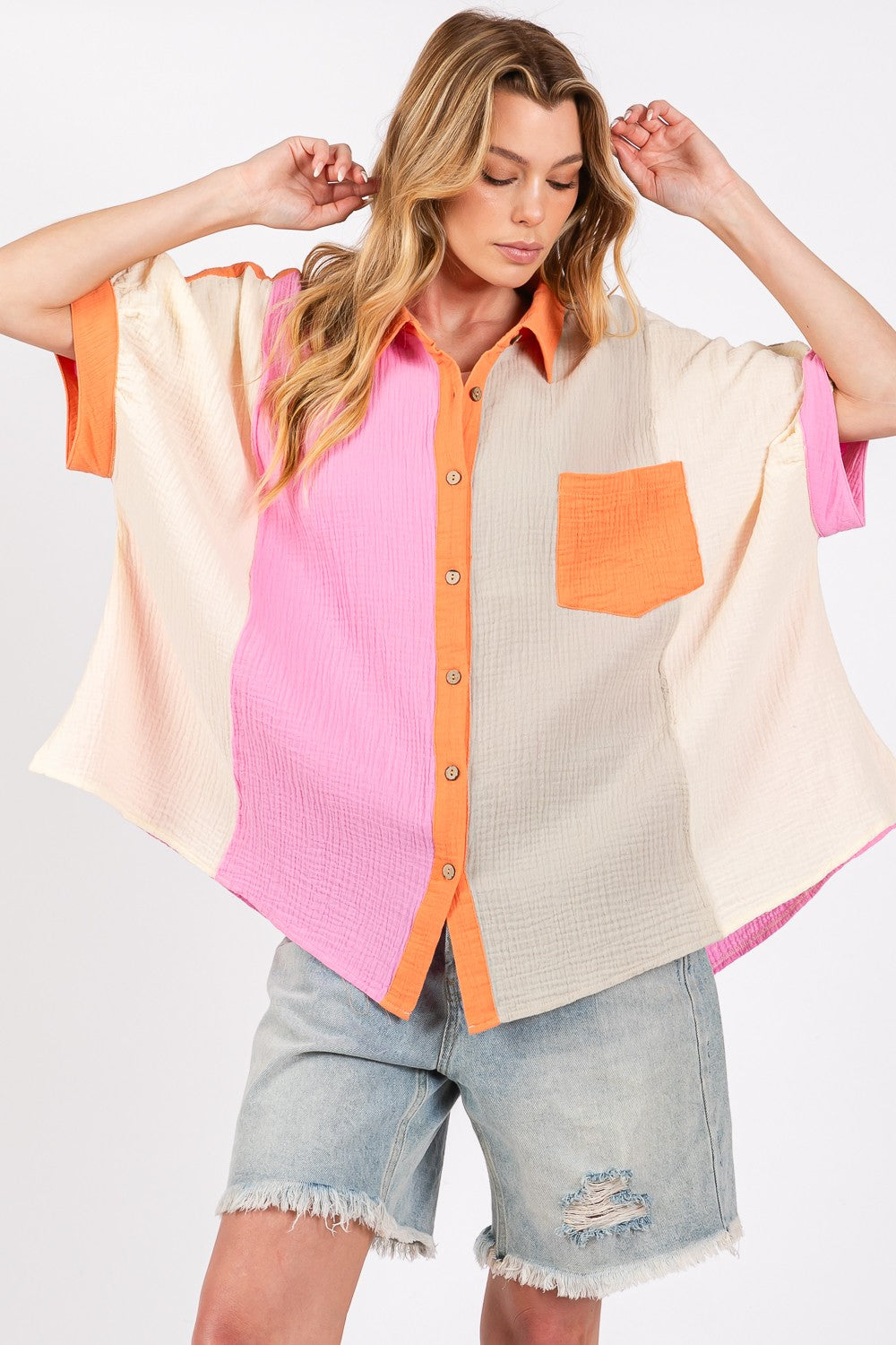 SAGE + FIG Full Size Modern Color Block Cotton Button-Down Shirt