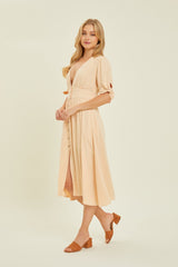 HEYSON Full Size Textured Linen V-Neck Button-Down Midi Dress with Pockets