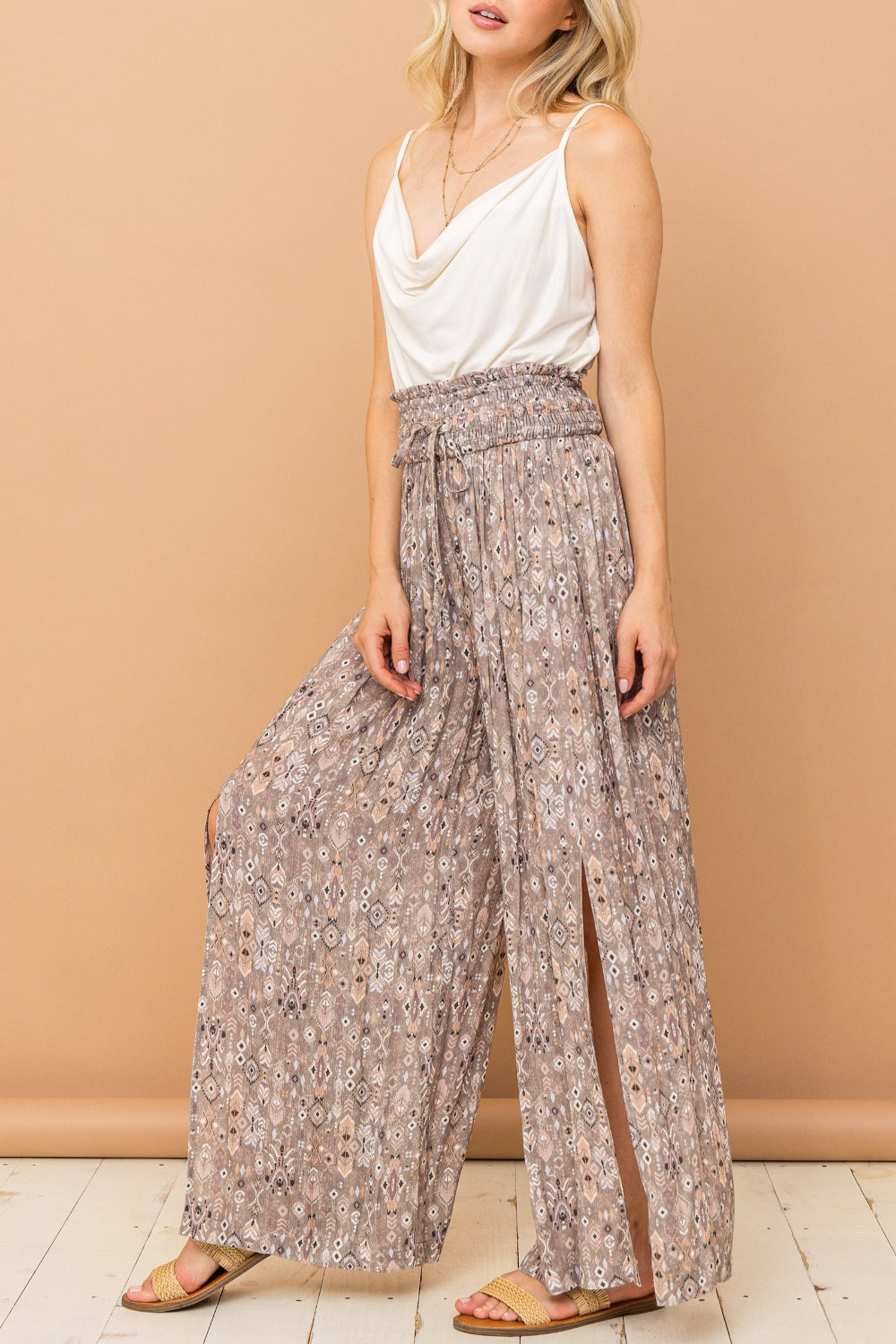 Trendy Printed Smocked Waist Slit Wide Leg Pants - Comfort & Style