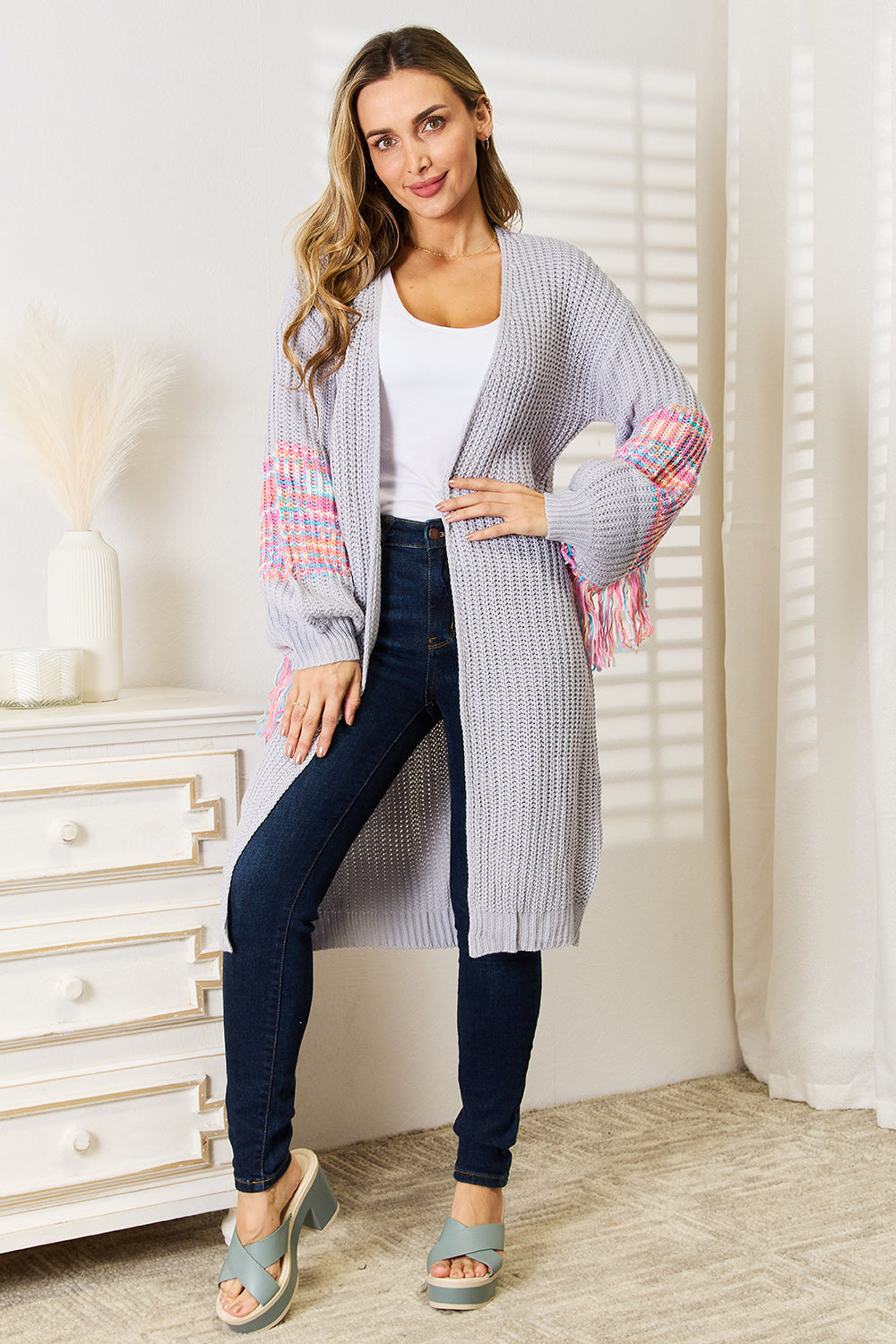 Trendy Fringe Sleeve Dropped Shoulder Cardigan - Cozy & Stylish Layer