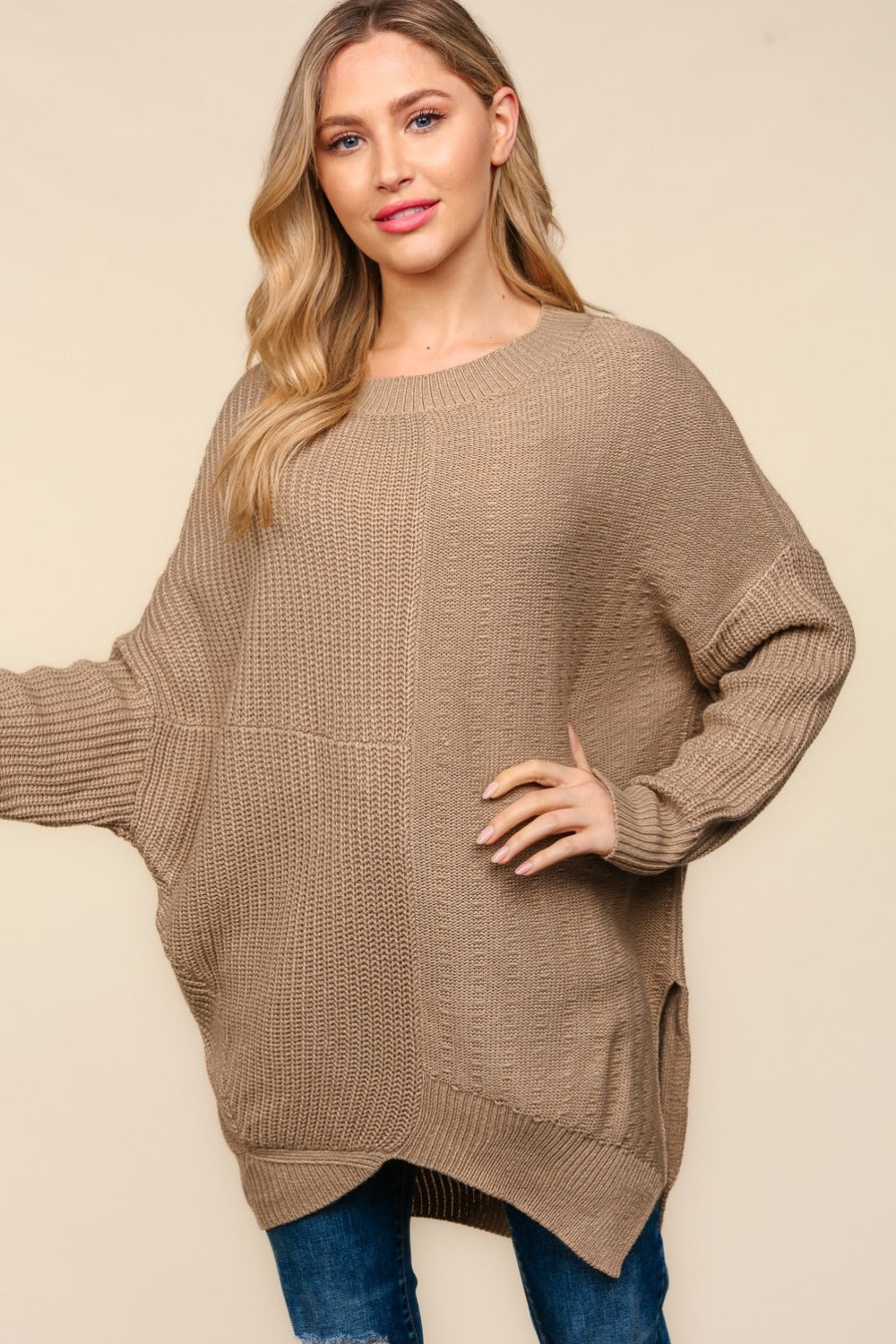 Haptics Asymmetric Side Slit Sweater with Textured Knit