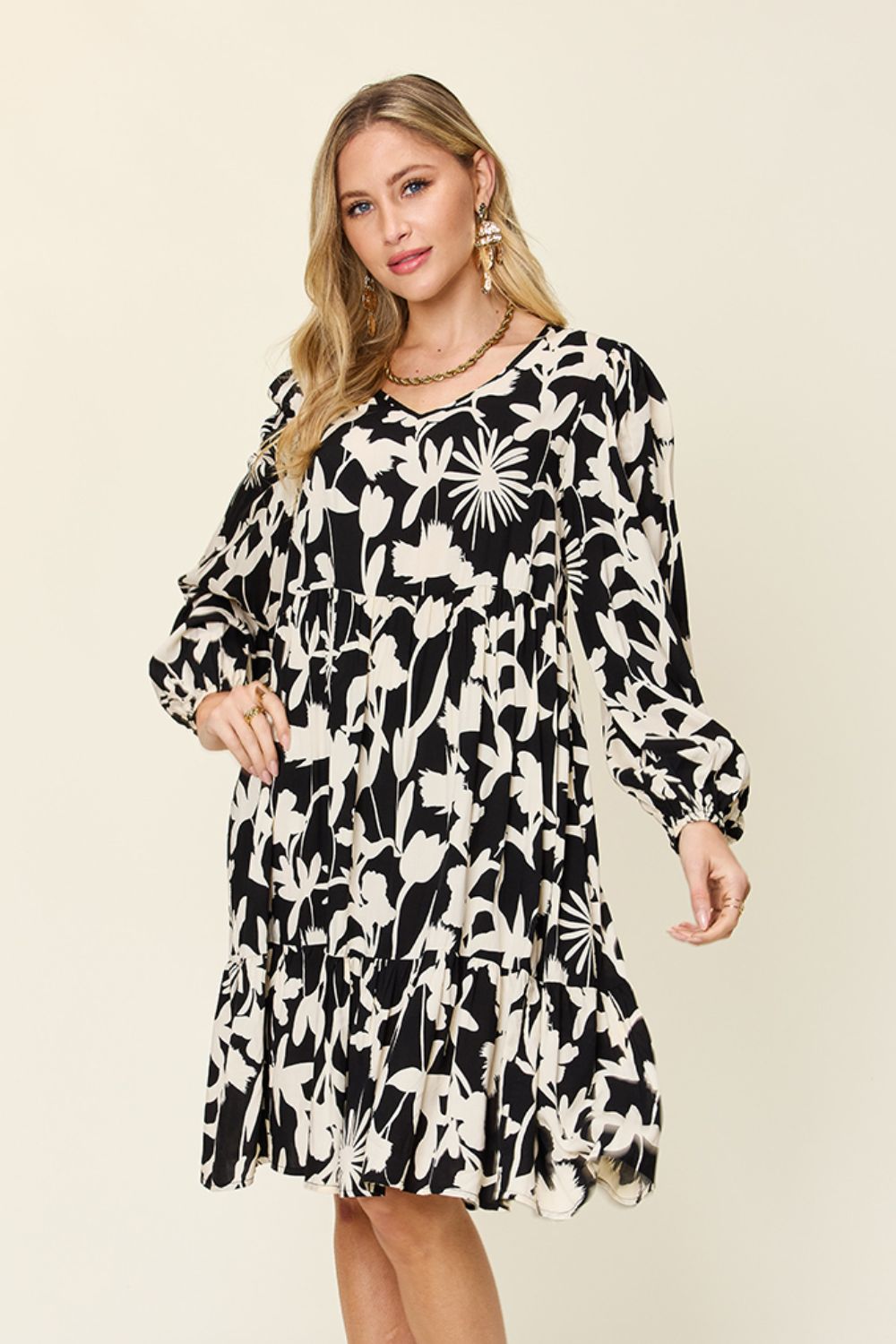Double Take Full Size Printed Ruffle Hem Dress with Pockets - Trendy & Comfortable