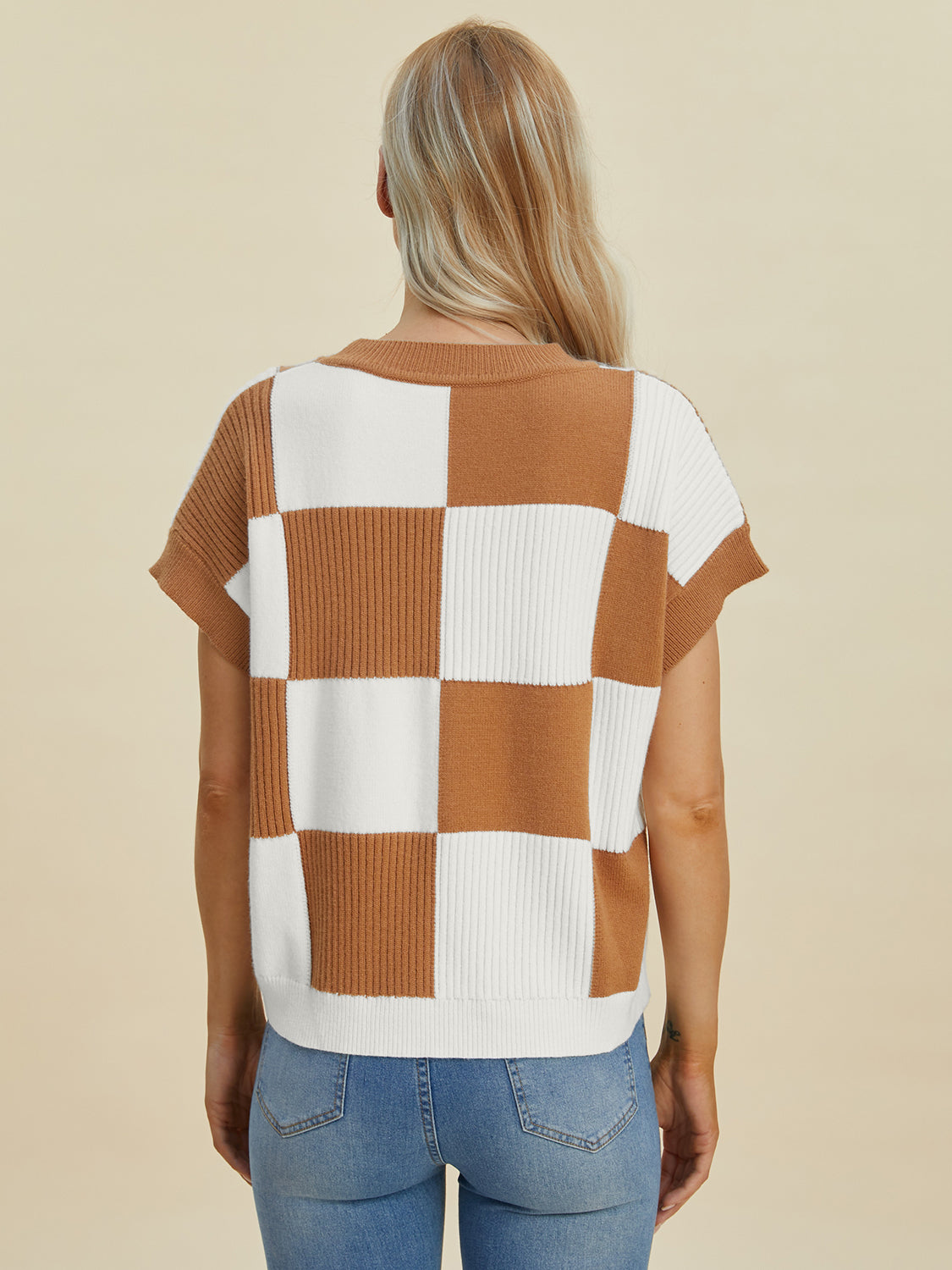 Stylish Checkered Round Neck Short Sleeve Sweater - Double Take Collection
