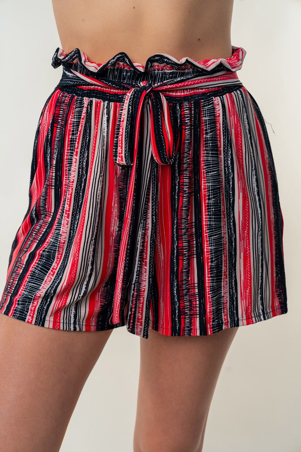White Birch High Waisted Striped Knit Shorts with Adjustable Tie