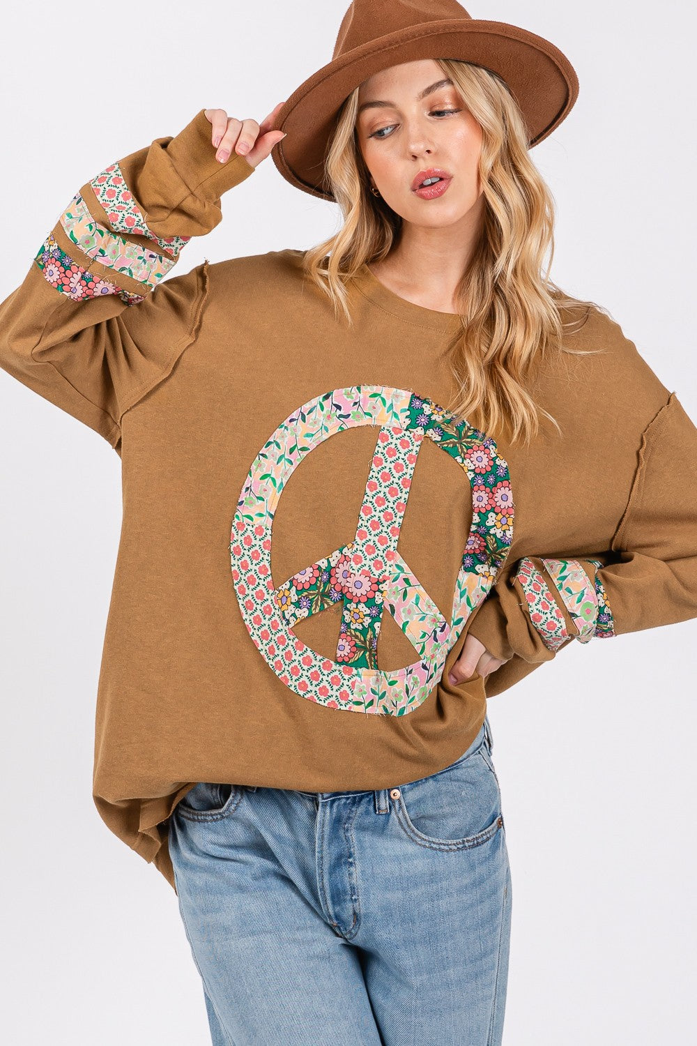 SAGE + FIG Peace Applique Patch Cotton Long Sleeve Top - Comfortable Casual Style