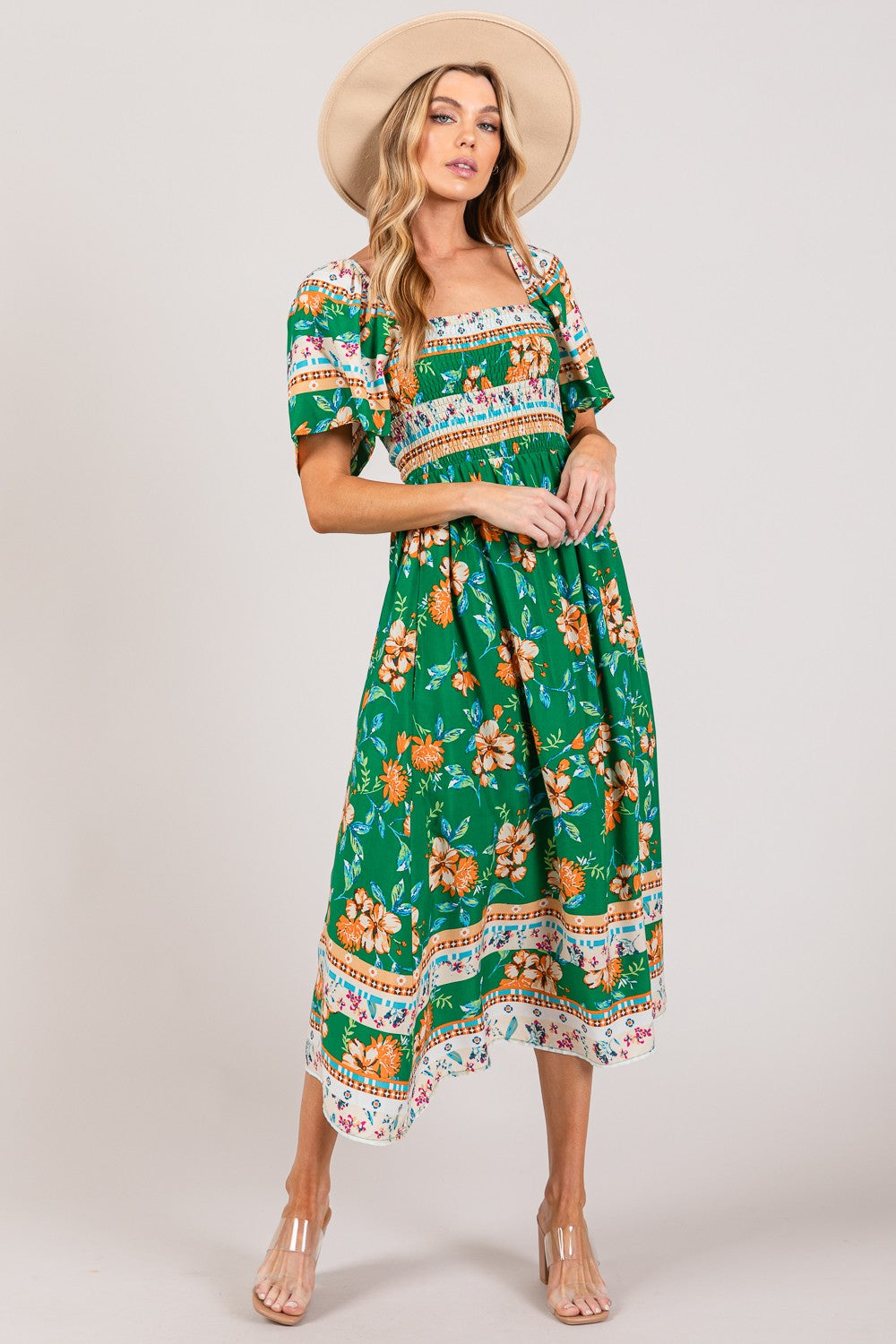 Chic Smocked Short Sleeve Midi Dress with Stylish Print