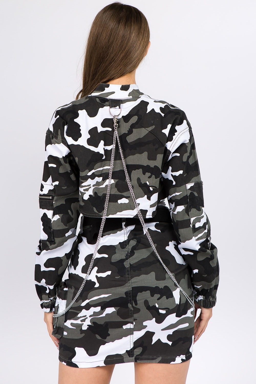 American Bazi Camouflage Cropped Jacket with Edgy Chain Details