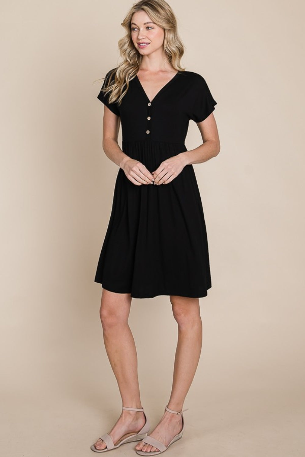 BOMBOM Women's V-Neck Dress with Button Detail - Elegant, Versatile & Comfortable