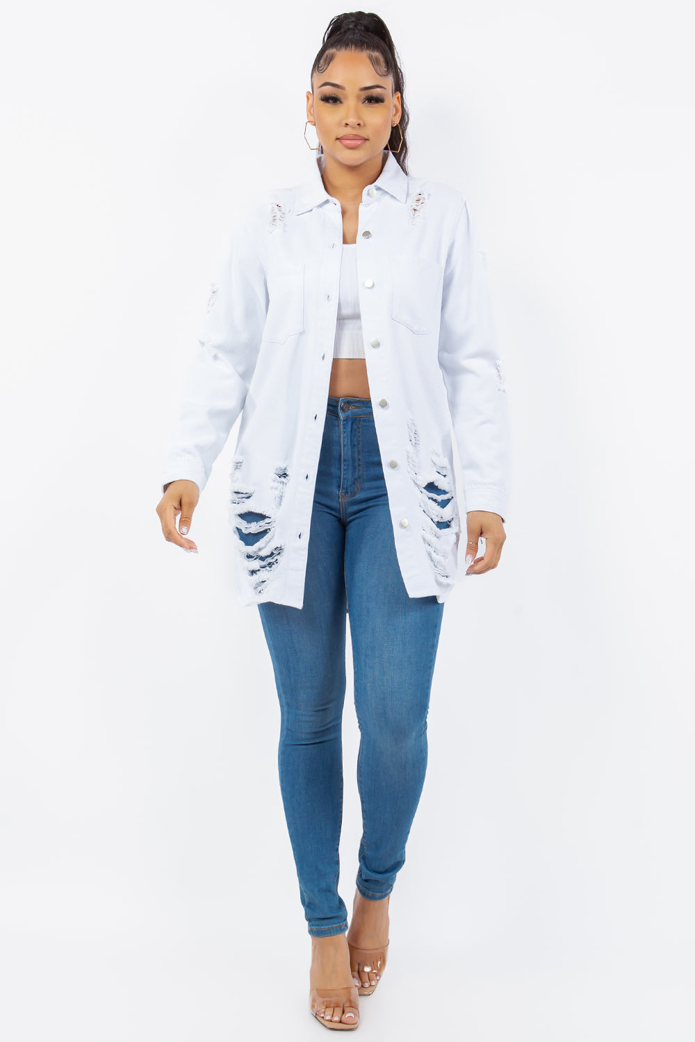 American Bazi Distressed Long Sleeve Denim Jacket for Women - Button Up Casual Outerwear