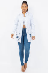 American Bazi Distressed Long Sleeve Denim Jacket for Women - Button Up Casual Outerwear