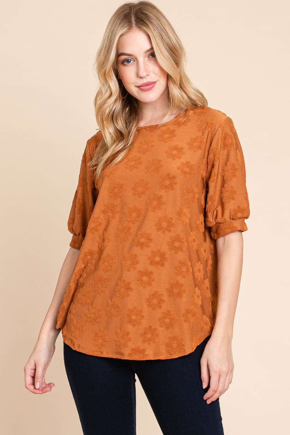Elegant BOMBOM Textured Floral Pattern Top - Versatile & Chic
