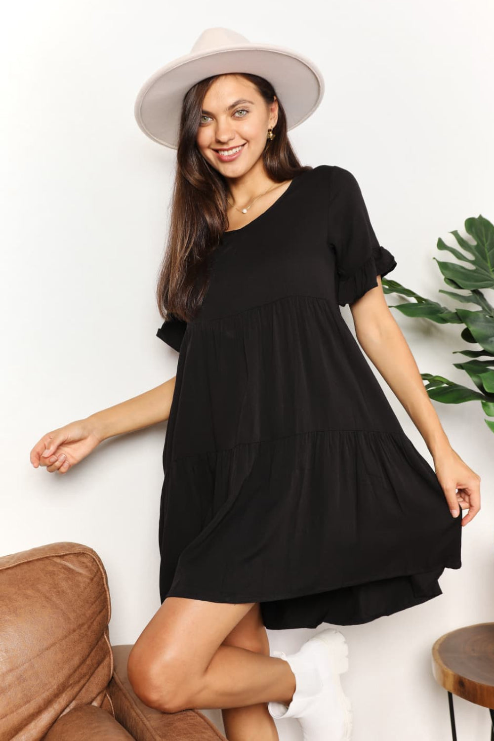 Elegant V-Neck Flounce Sleeve Tiered Dress - Perfect for Every Occasion