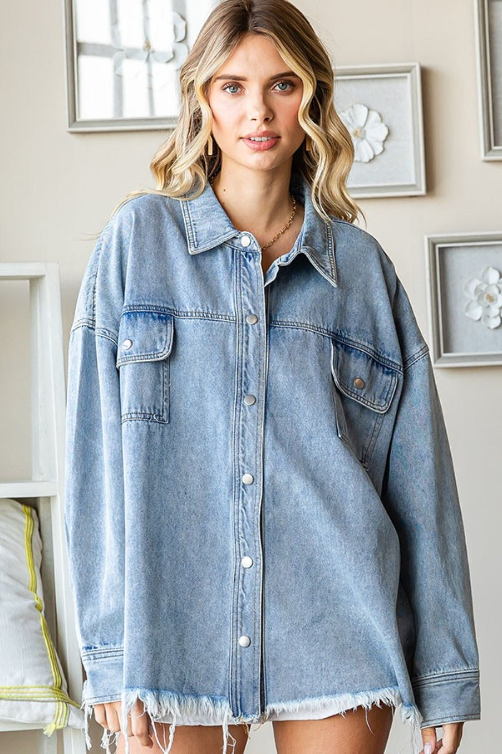 Trendy Button Down Smiley Face Raw Hem Denim Jacket - First Love