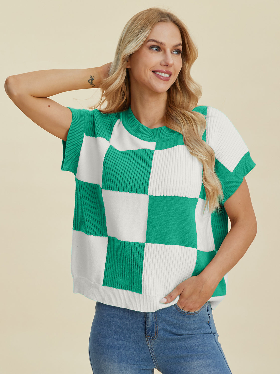 Stylish Checkered Round Neck Short Sleeve Sweater - Double Take Collection