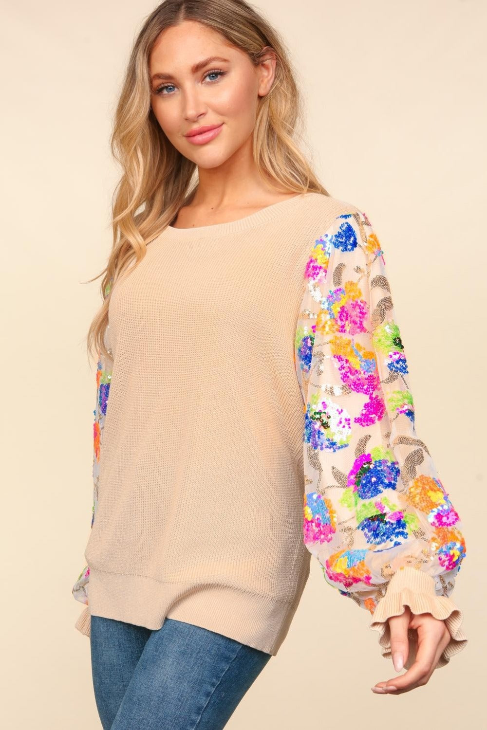 Haptics Floral Sequins Mesh Flounce Sleeve Sweater for Effortless Chic