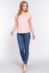ACTIVE BASIC Women's Lace Trim V-Neck Short Sleeve Ribbed Top