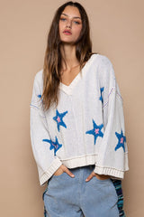 POL Women's V-Neck Long Sleeve Star Patch Sweater - Trendy Color-Block Design