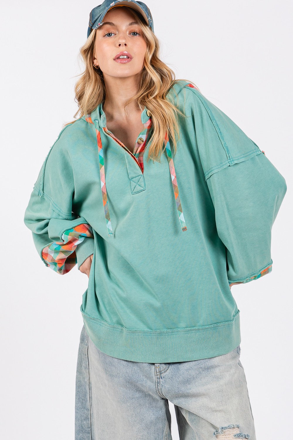SAGE + FIG Full Size Plaid Print Mineral Wash Hoodie - Vintage Style & Comfort