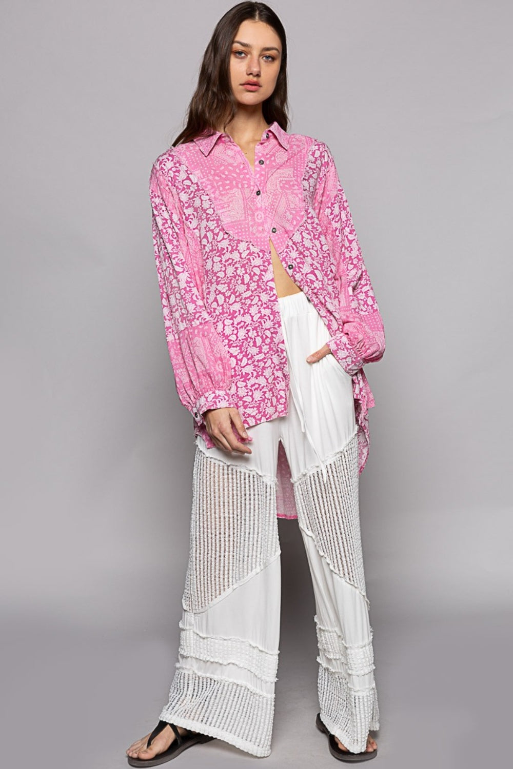 POL Oversized Button Down Long Sleeve Paisley Print Cotton Shirt