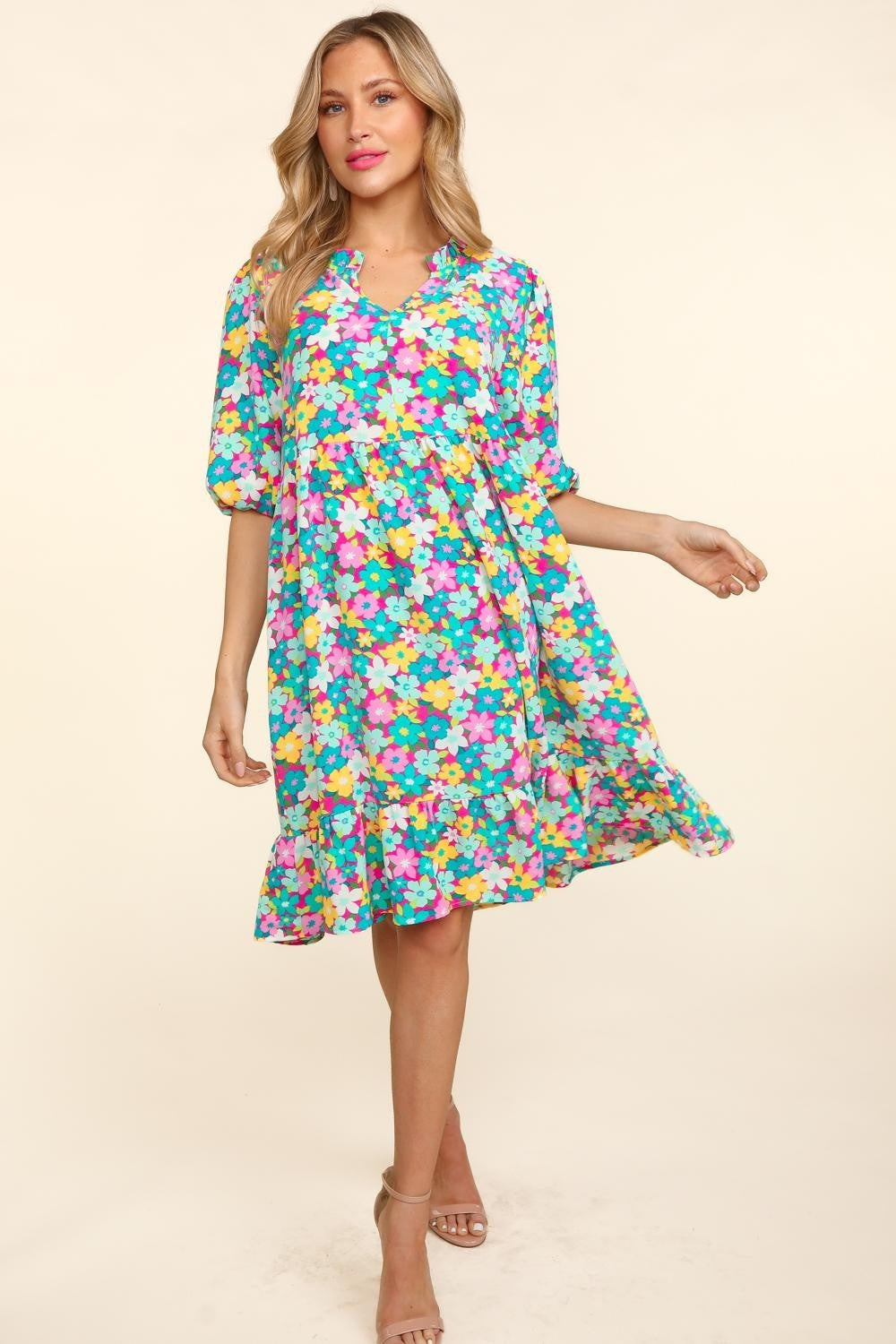 Haptics Women's Floral Ruffled Bubble Sleeve Dress