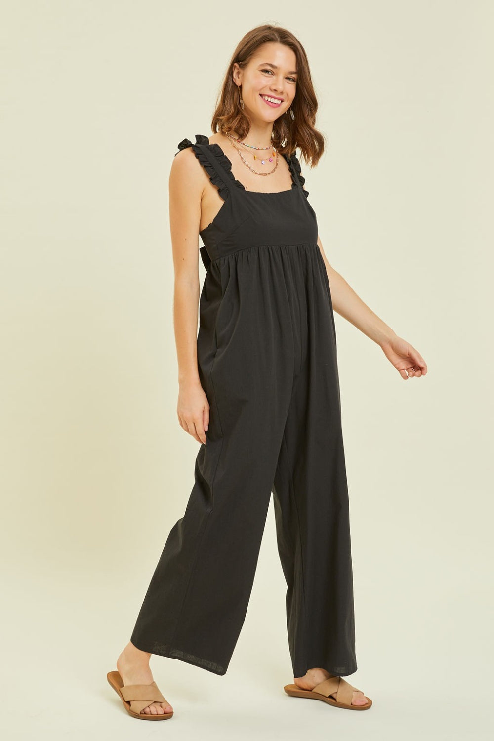 HEYSON Full Size Ruffled Strap Back Tie Wide Leg Cotton Jumpsuit - Trendy & Versatile