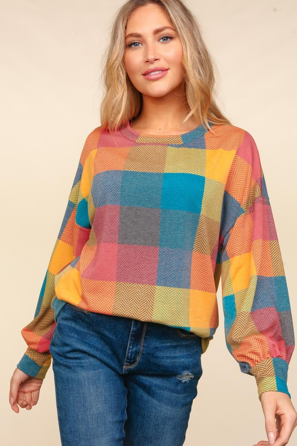 Haptics Contrast Plaid Round Neck Sweater - Cozy & Stylish Wardrobe Essential