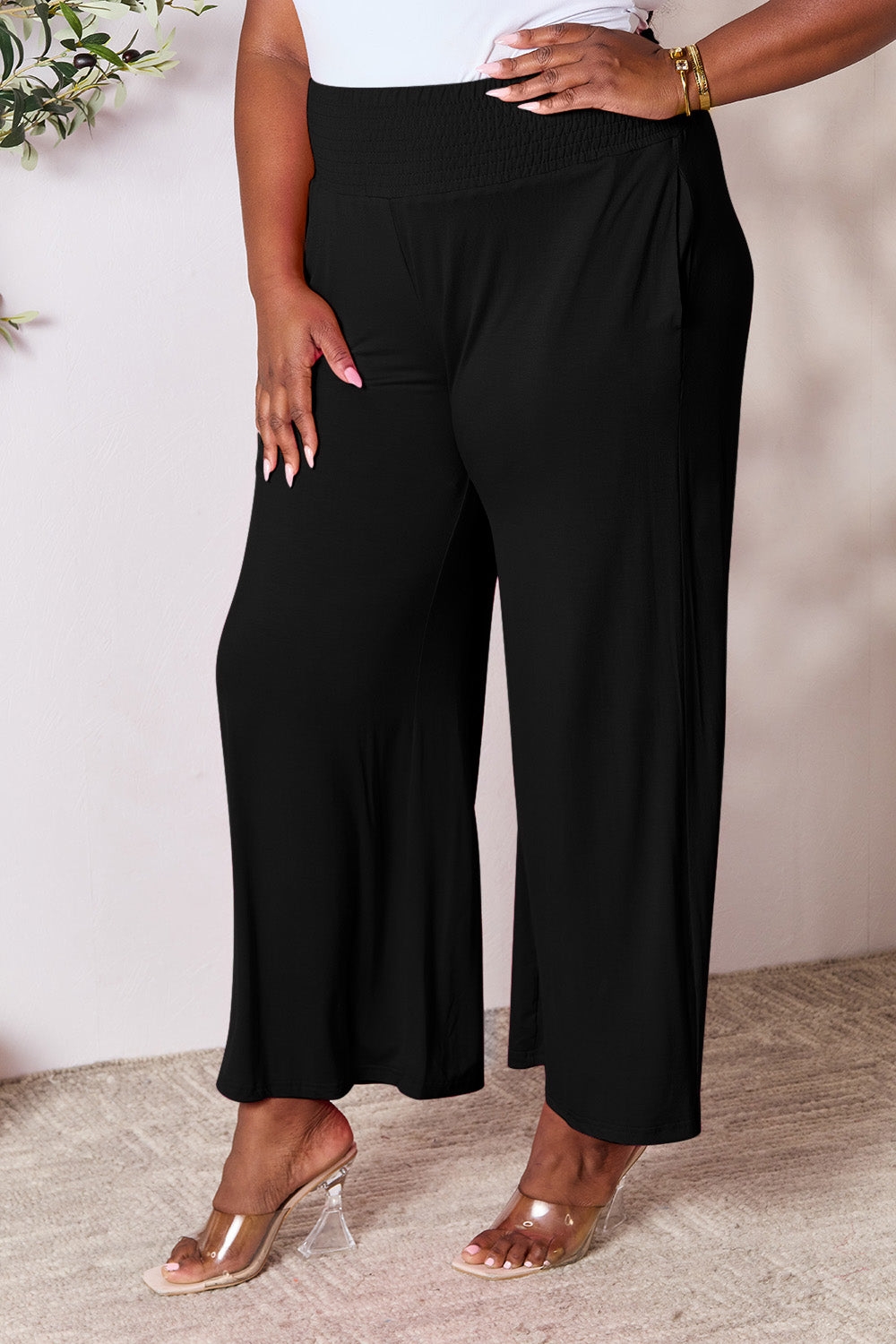 Women's Full Size Smocked High-Waist Wide Leg Pants - Trendy & Comfortable