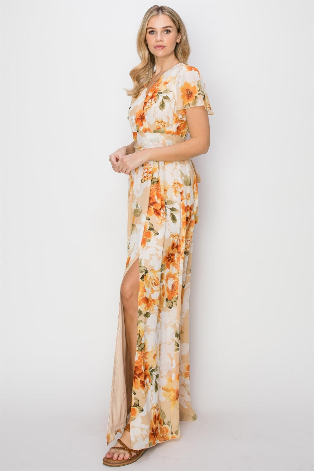 HYFVE Elegant Floral Tie Back Maxi Dress with Slit & Short Sleeves