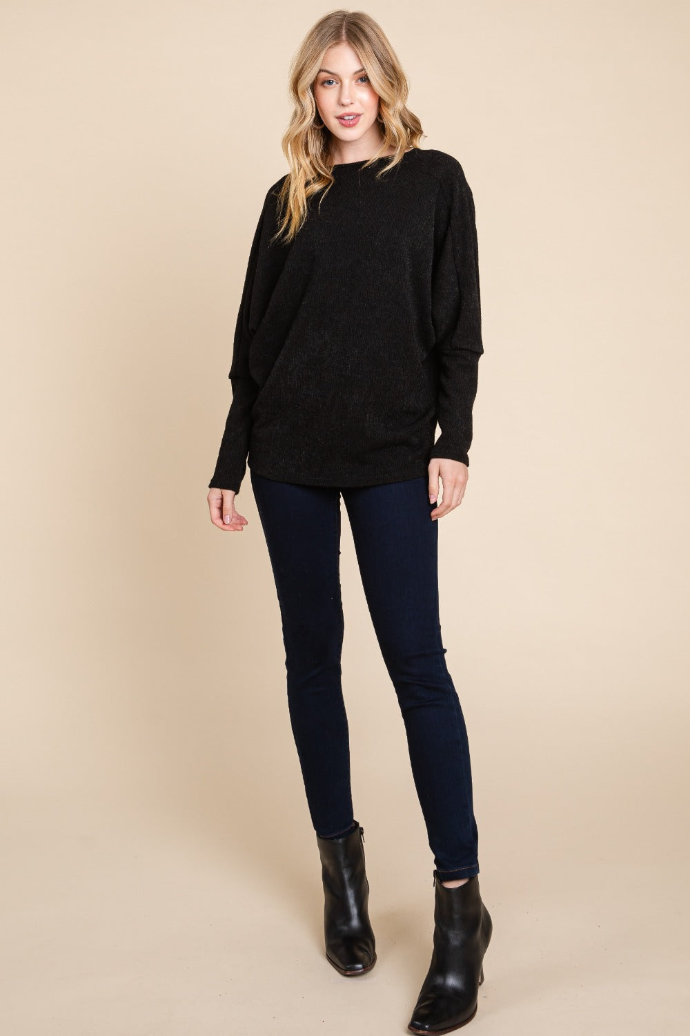 BOMBOM Women's Drop Shoulder Long Sleeve Rib Knit Top - Casual Chic