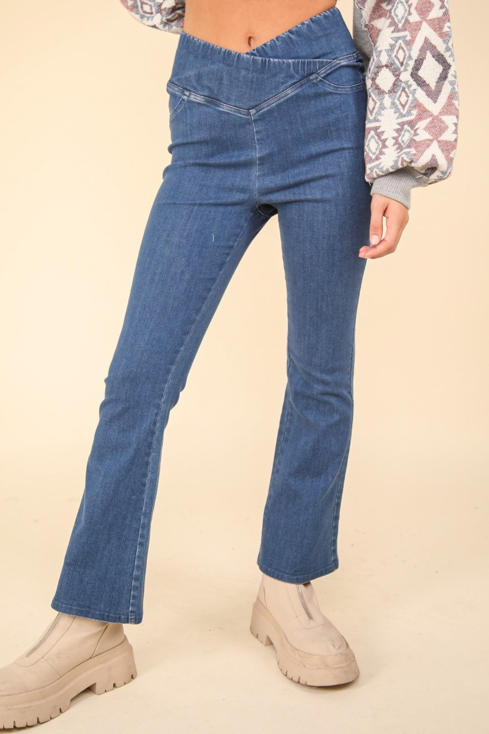 VERY J Crossover Waist Stretchy Flare Denim Leggings - Stylish & Comfortable Fit