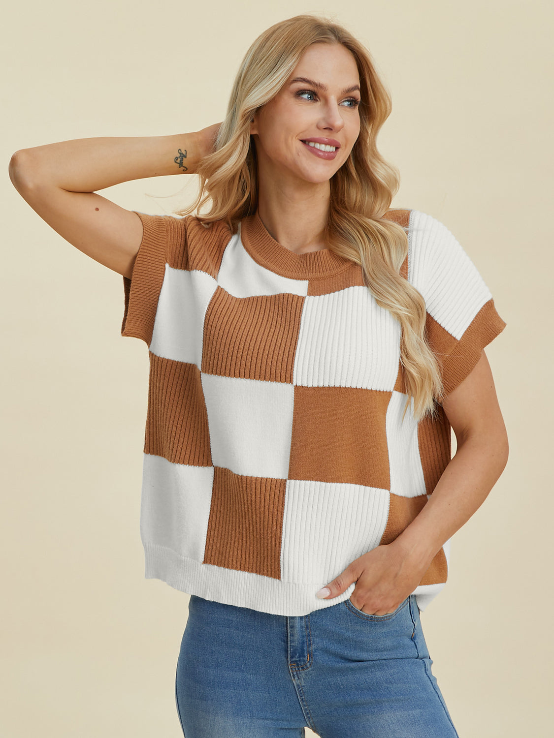 Stylish Checkered Round Neck Short Sleeve Sweater - Double Take Collection