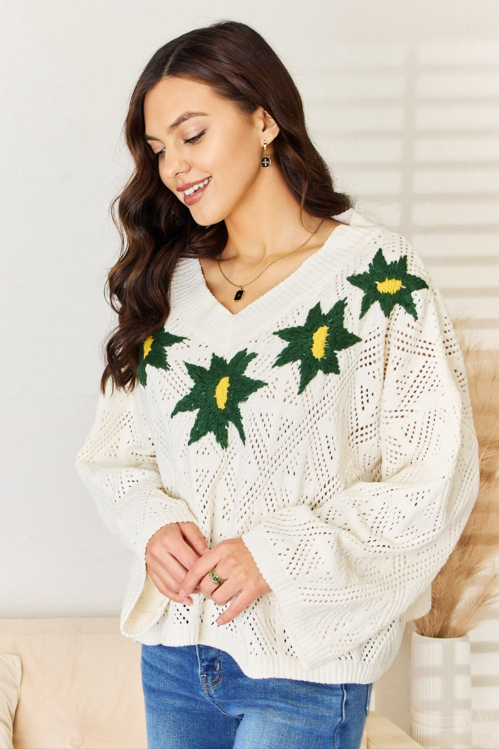 Luxurious Chenille Floral Embroidered V-Neck Sweater by POL