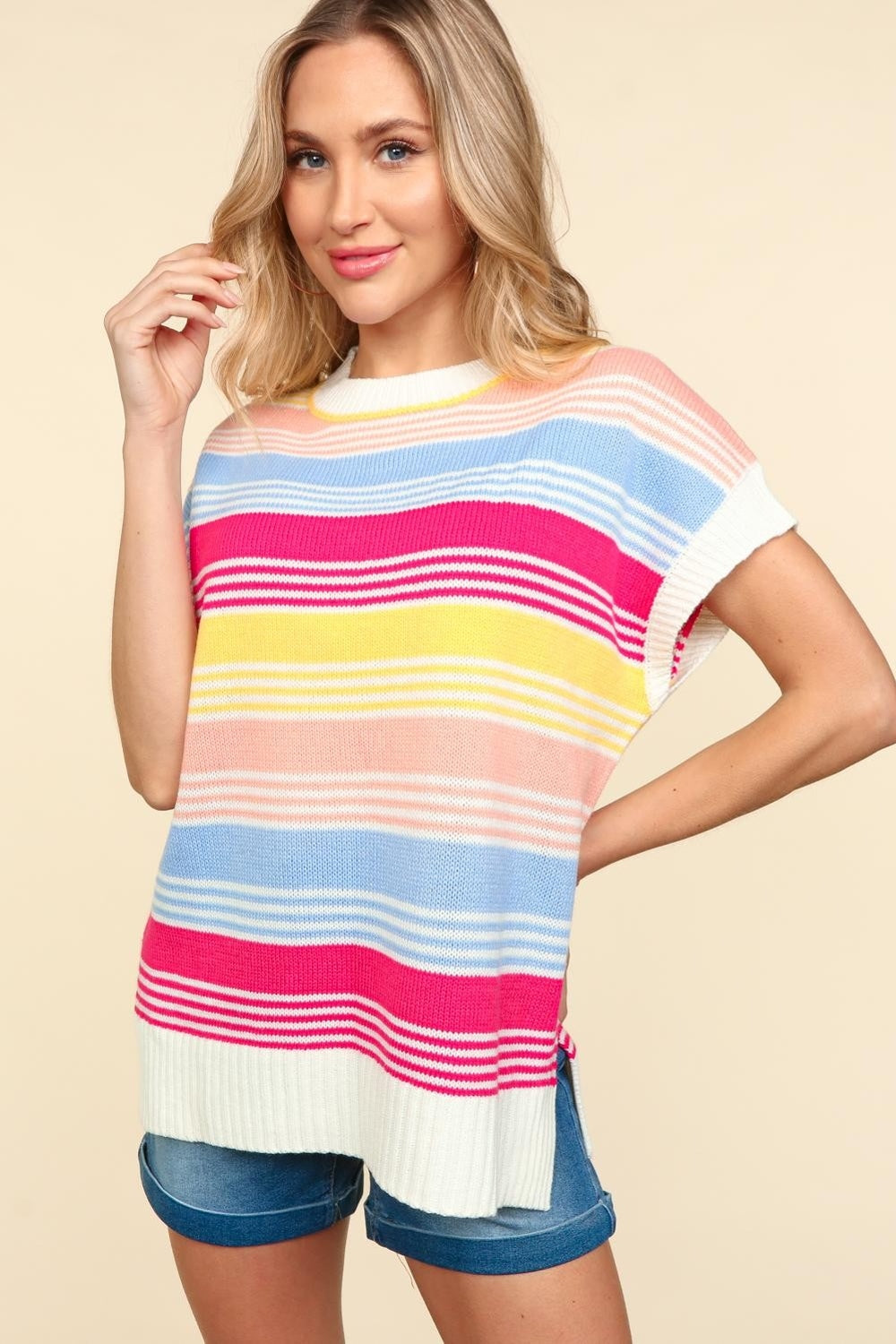 Haptics Women's Striped Side Slit Knit Top - Versatile Short Sleeve Style