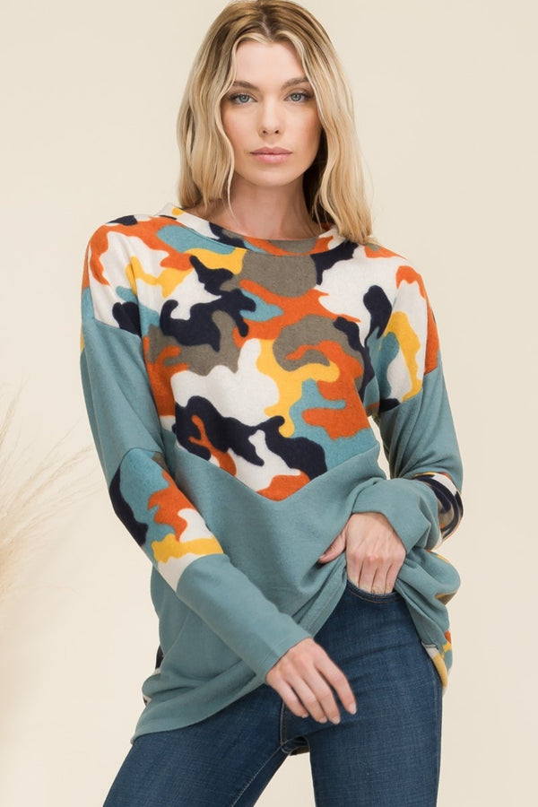 Celeste Full Size Camo Print Contrast Long Sleeve T-Shirt